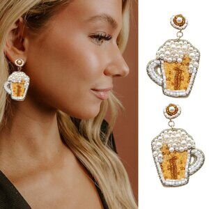 NEW Sudsy Beer Glass Beaded Crystal Sparkle Party Holiday Earrings